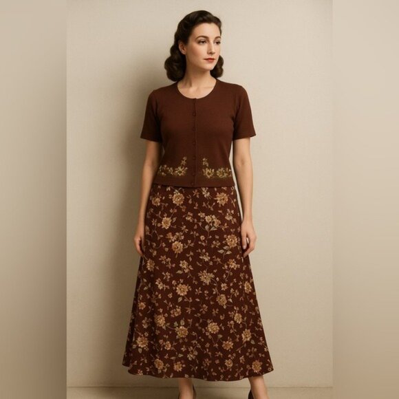 Jaclyn Smith Vintage Floral Two-Piece Set Brown Top M Maxi Skirt L Cottagecore - Picture 10 of 10